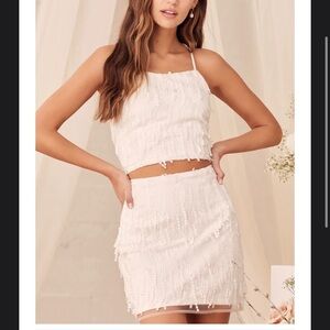 White fringe lace up two piece mini set